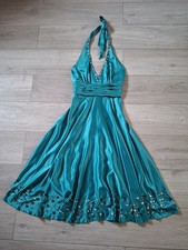 Nicholas Millington Turquoise Teal Halter Flared Dress Beaded Silky Occasion UK8