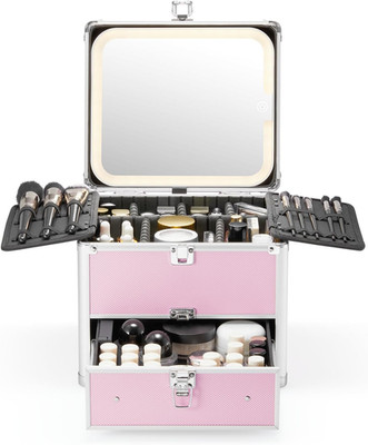 Makeup Box with Drawer and a Detachable Lighted Mirror, Waterproof Travel Train 
