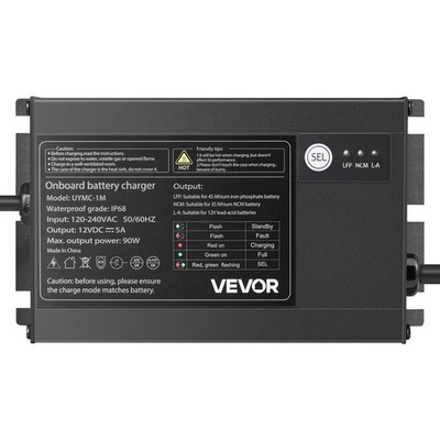 12V 5A IP68-Rated 1-Bank Marine Battery Charger for LiFePO4 NCM Lead-Acid