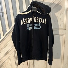 Aeropostale Hoodie Medium Black Faux Fur Lined Full Zip Vintage Y2K Distressed