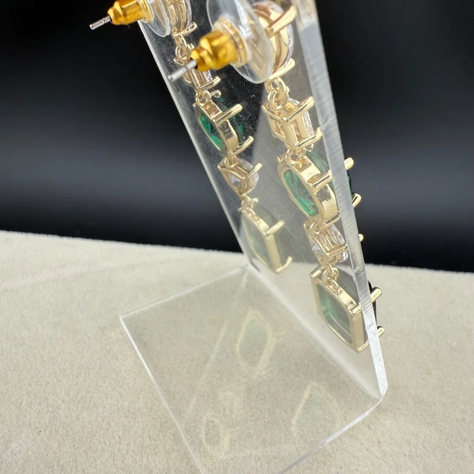 Pendientes colgantes colgantes verde esmeralda estrás cristalino tono dorado Foto 4 de 4