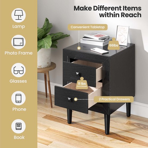 End Bedside Coffee Table Nightstand Wooden Leg Storage Drawers Black - Picture 5 of 8