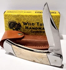 Wild Turkey Smooth White Bone Large 9" Lockback Hunting Pocket Knife + Sheath