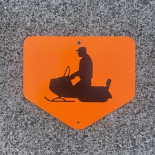 Vintage Snowmobile Crossing Trail Pentagon Sign Orange & Black