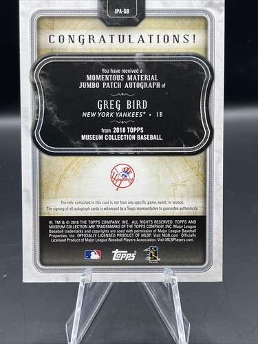 2018 Topps Museum Collection Jumbo Patch Autograph Jpa-Gb Greg Bird 4/5 - Picture 5 of 7