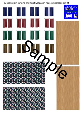 Maßstab 00 Hausdeko Set, Vorhänge, Blumentapete und Holzboden.