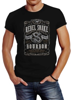 Neverless  Herren T-Shirt Whiskey Emblem Rebel Snake Bourbon Retro Style