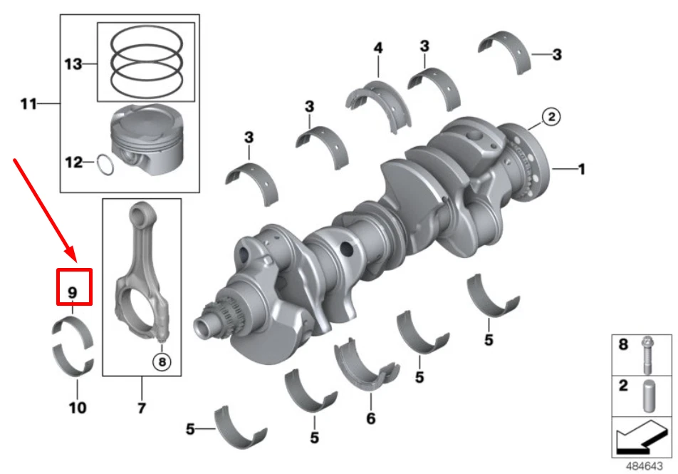 BMW 8 Cabrio F91 Engine Crankshaft Bearing Shell 11248099610 