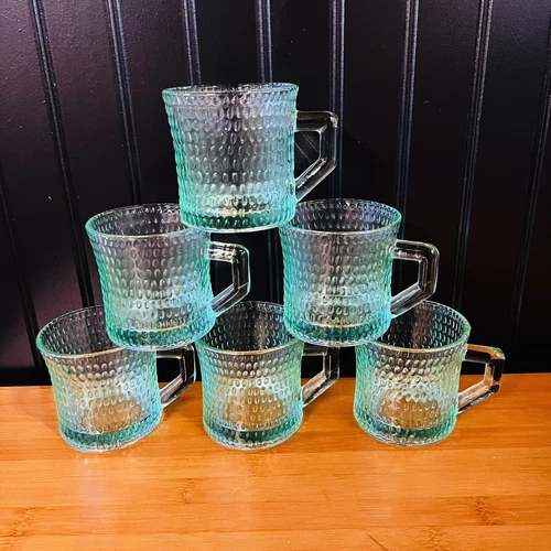 6 Vintage Anchor Hocking Green Dimpled Coffee Tea Glasses Mugs Boho MCM NICE Set