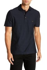 75NWT Rodd Gunn Hays Basin L ribbed stripe Navy slim short sleeve cotton polo