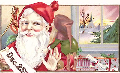 c1914 Christmas Postcard Elf Whispers Secret in Brown Trim Santa's Ear Gifts