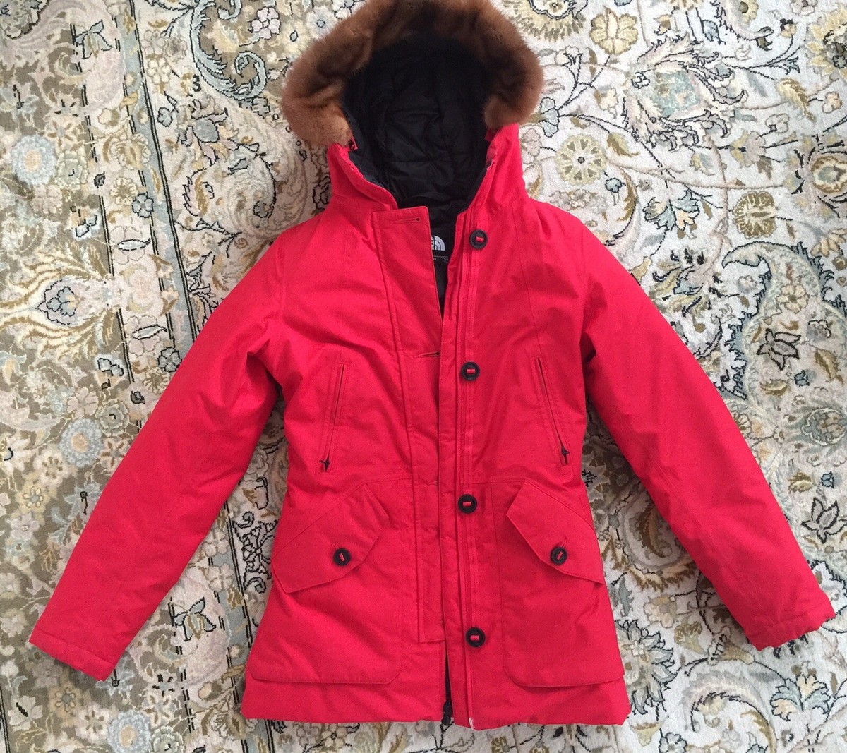 North Face Hyvent Real Mink Brown Fur Red Jacket Coat Puffer XS