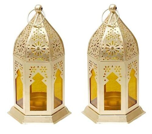 Decorative Hanging Lantern Lamp with t-Light Candle Set of 2 Size 10X10X17 cm US - Picture 1 of 18