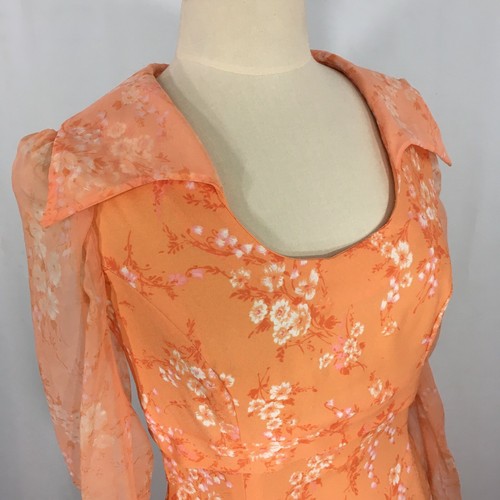 Vintage 60s 70s Peach Floral Empire Waist Maxi Dress, Hostess, 38 bust, 28 waist - Picture 3 of 11