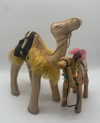 Vtg Egyptian Leather Hand Stitched Camel  2 Figurines 10  And 7 