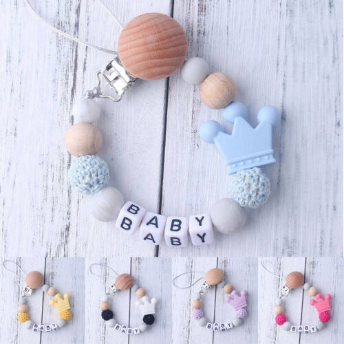 Pacifier Chain Baby Teether Teething Name Clips Holder Chain Silicone Crown - Picture 1 of 17