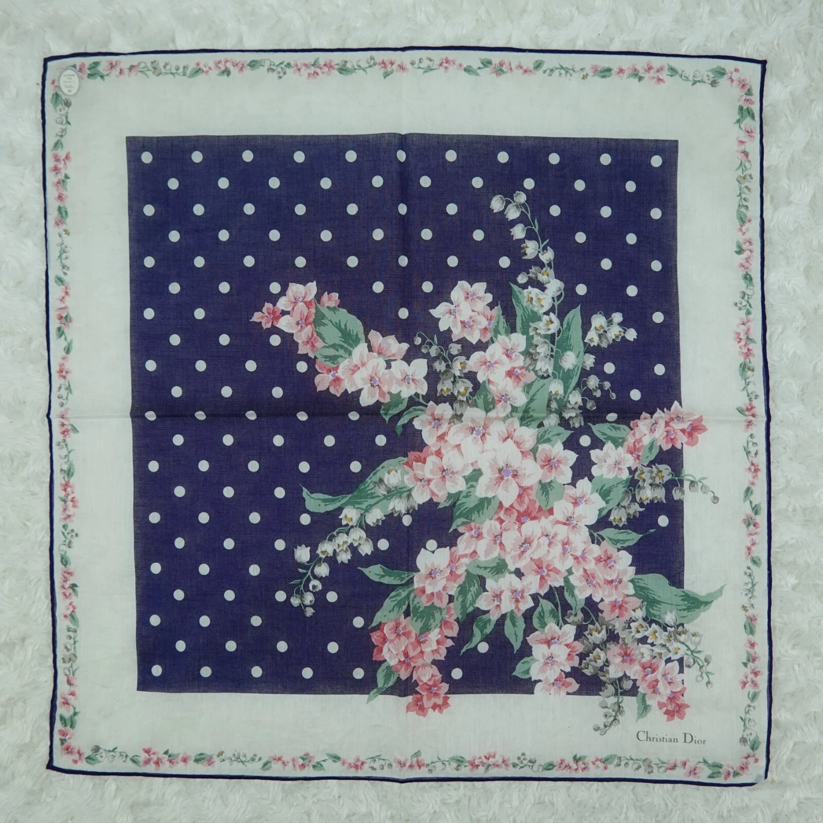 N913 CHRISTIAN DIOR Foulard foulards coton bleu fleur poche carré 18,5