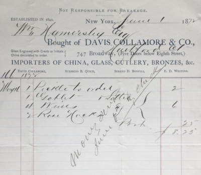 Davis Collamore & Company New York Receipt W Hamersley 1872  S Quick S Bonfils