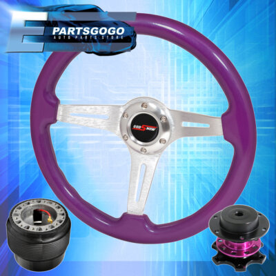 Purple Wood Silver Center Steering Wheel Purple Quick Release For 89-05 Eclipse
