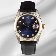 Rolex Datejust 36mm Yellow Gold Dark Blue Diamond Dial Leather Band Watch 16013