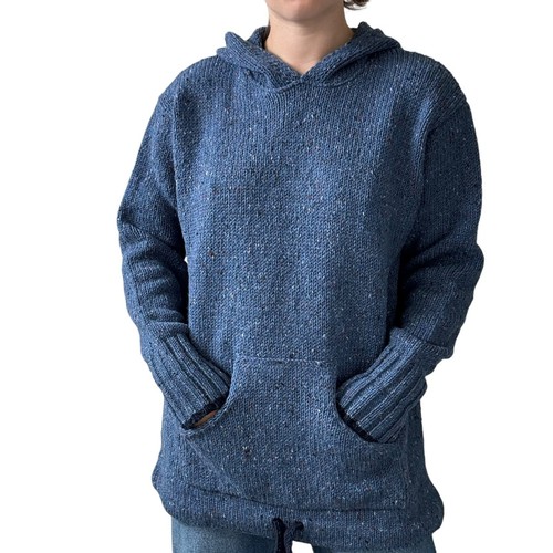 Nuevo con etiquetas Suéter Aran Mercado Canguro Sudadera con Capucha 100% Lana Azul Marino Pescador Suéter Irlandés L - Imagen 2 de 10
