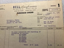 Bell Aircraft Corporation 1949 Purchase Order Vintage Document Collectible