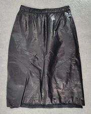 Vintage Bermans Womens Leather Skirt Size 12 Midi Rear Zip Slit Black Lining