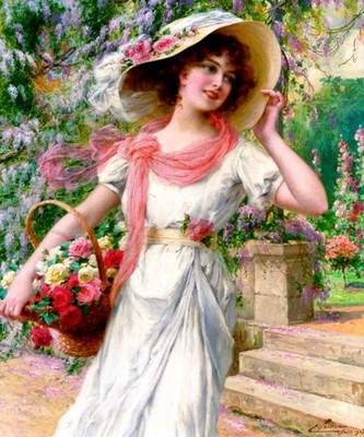THE FLOWER GARDEN FASHION GIRL LADY HAT ROSES ART PAINTING BY EMILE VERNON REPRO