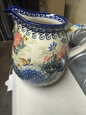 Unikat D.K.N.A. PIK Ceramic Hand Painted Floral Pitcher 1 Qt Poland 2008