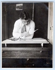 1930 MAN at DESK DRAFTING TABLE with SLIDE RULE VINTAGE SNAPSHOT PHOTOGRAPH