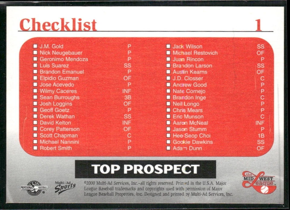 1999 Multi-Ad Midwest League Top Prospects Checklist #1 - Image 2 of 2