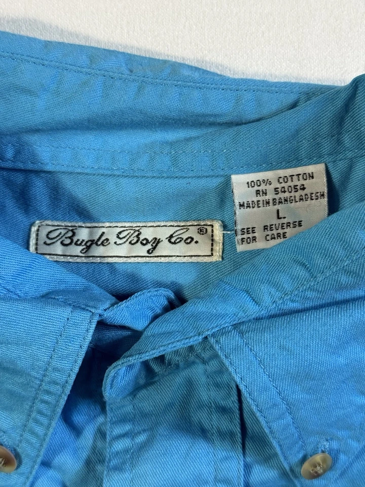 Vintage Bugle Boy Button Up Shirt Adult L Large Blue Crest Casual Mens w Pocket - Image 4 of 4
