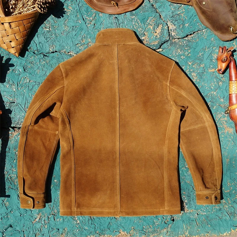 Mens American Real Suede Leather Hunting Coat Safari Jacket Trench Overcoats Zip - Image 3 of 4