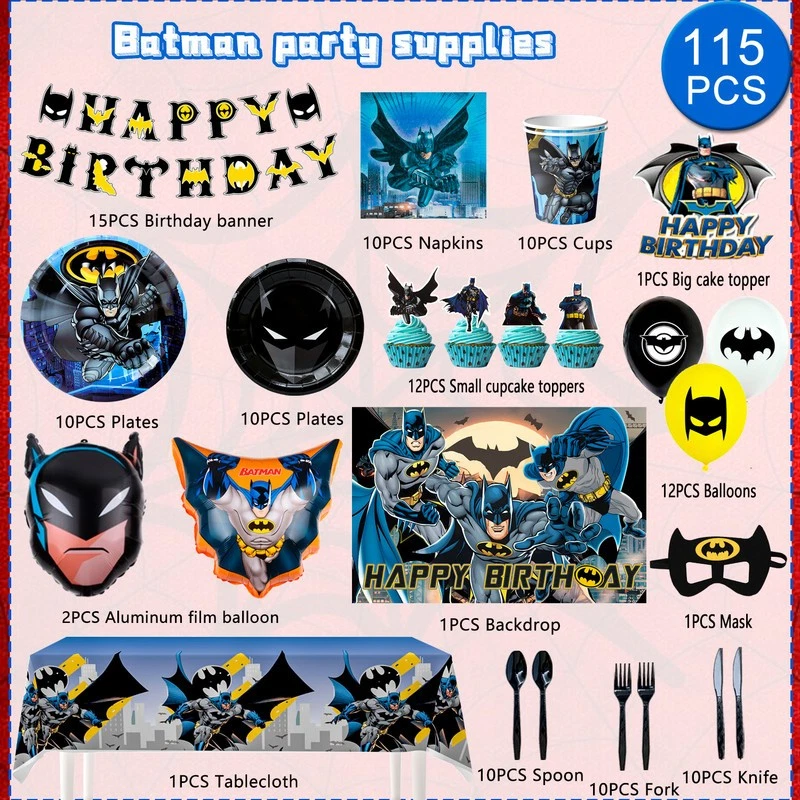 Batman Birthday Party Supplies Superhero Party Decorations Balloons Plates Cups - Image 2 of 4