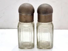 2x VINTAGE APOTHECARY BOTTLES WITH DOMED BRASS LIDS 4.25" Antique 