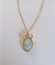 Vintage Cameo Goldtone Necklace Blue Background With Bow Rhinestone 18" Chain