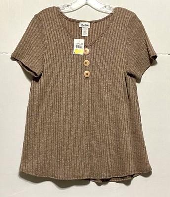 Star Vixen Blouse Women's L Brown Ribbed Knit Classic Neutral Buttons Stretch