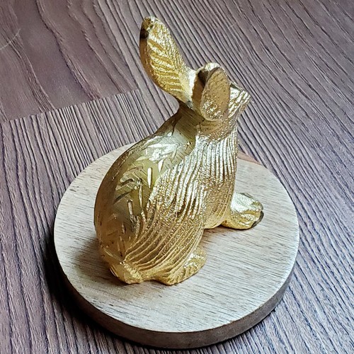 Vintage Rabbit Bunny Figurine Cast Metal Gold Leaf w/Wood Base 4 1/2" - Picture 7 of 7