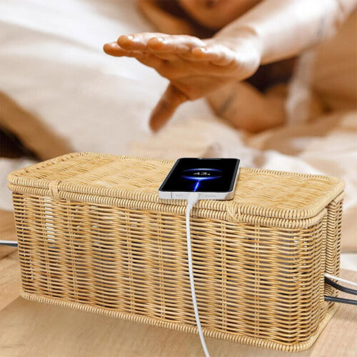 Desktop Cable Management Box with Cover Rattan Style Power Cord Organizer Case - Picture 2 of 12