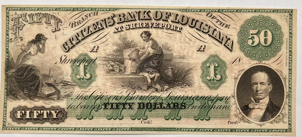 1800’s Fifty Dollar Bill Paper Currency Shreveport Louisiana $50 Uncirculated - Image 3 of 4