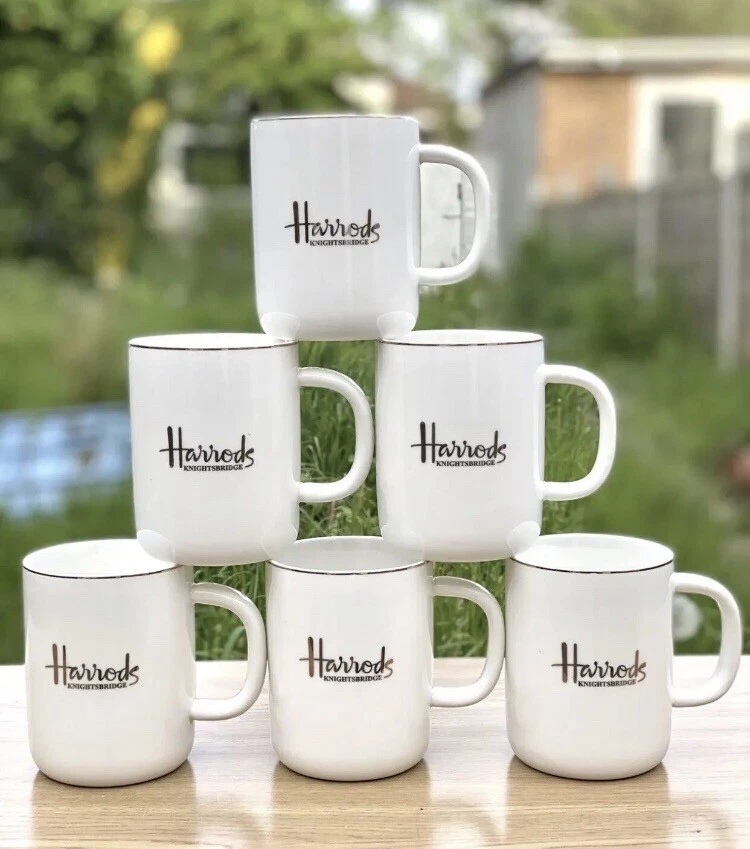 Harrods Mug White Gold Knightsbridge Set Of 6 Tea Coffee Ceramic Ideal Gift