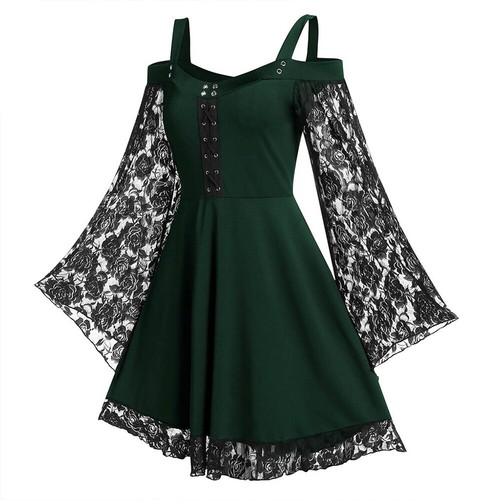 Plus Size Women Victorian Gothic Mini Dress Cold Shoulder Lace Up Tops UK 18-26 - Picture 14 of 18