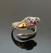 ANTIQUE GENUINE AMETHYST 18K GOLD ACCENTS ELABORATE DRAGON STERLING SILVER RING 