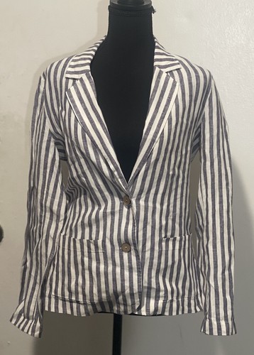 British Khaki Womens 100% Linen Long Sleeve Blue White Striped Blazer Size S