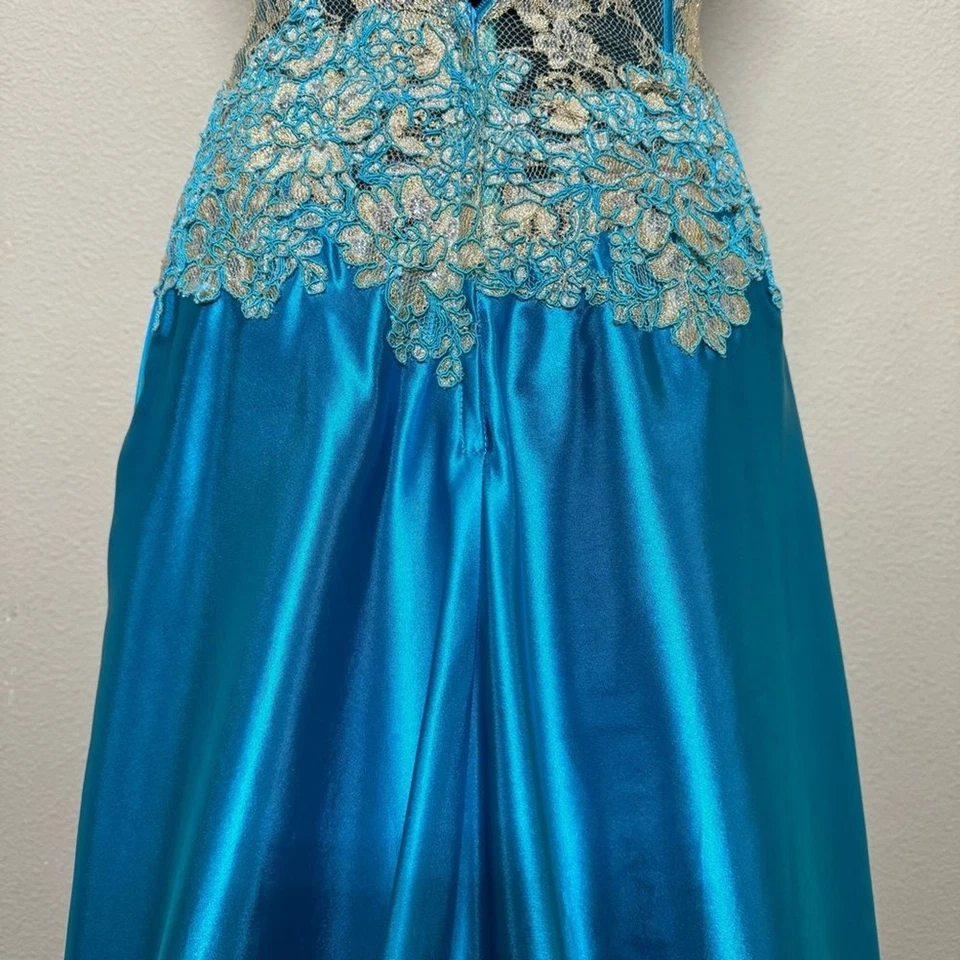 Jovani Vestido Mujer 2 Sin Tirantes Transparente Encaje y Satén Hasta el Suelo Baile de graduación Vestido Azul Foto 4 de 4