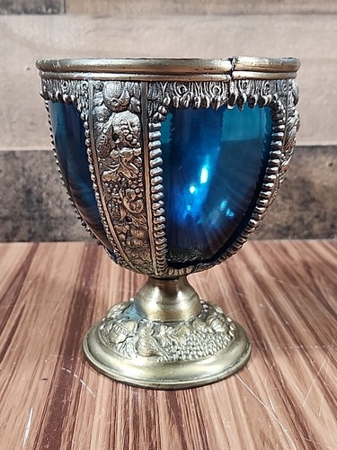 Vintage Ornate 5" Brass Metal Goblet w/Blue Glass Inner Cup Treasure Prop Decor - Picture 3 of 8