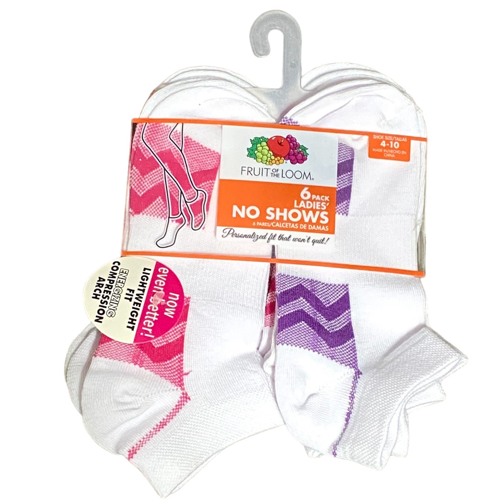 Fruit Of The Loom Women’s 6 Pack No Show White Colorful Detail Socks ...