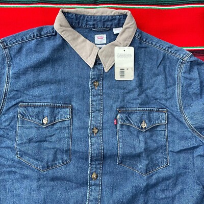 NEW LEVIS Western blue denim corduroy collar cotton hemp button