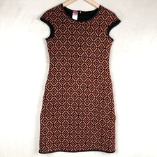 SAVE THE QUEEN Italy Midi Dress Sz Small Black & Burnt Orange Knit Stretch Cap