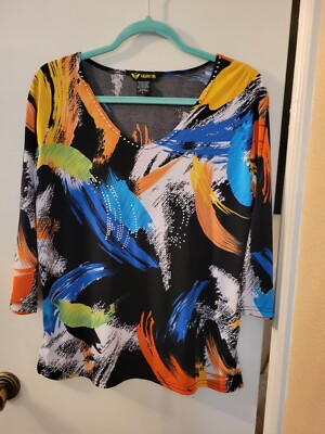 Valentina Women Abstract Blouse Size Large Studded Multicolor 3/4 Sleeve Stretch